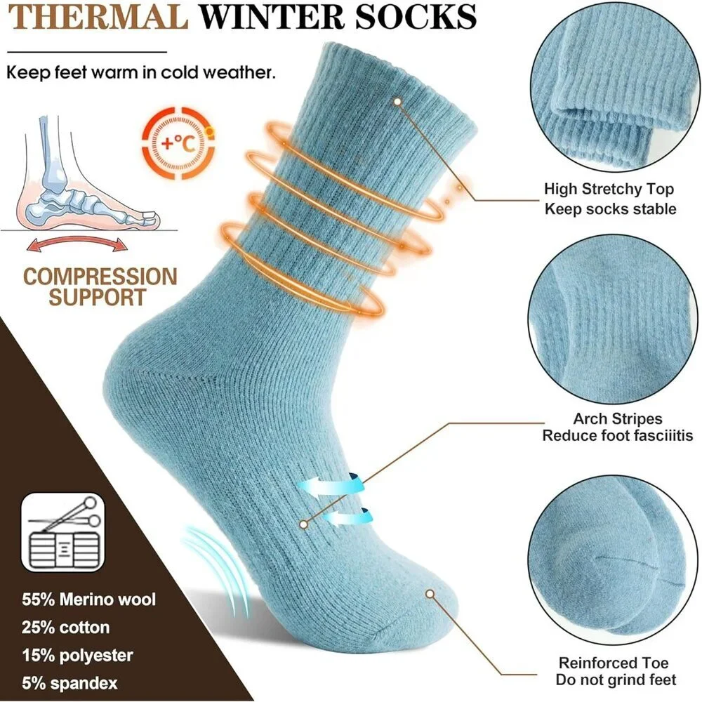 Women Merino Wool Color Series Sock 5 Pairs Warm Thick Crew Winter Boot Socks - Picture 3 of 6